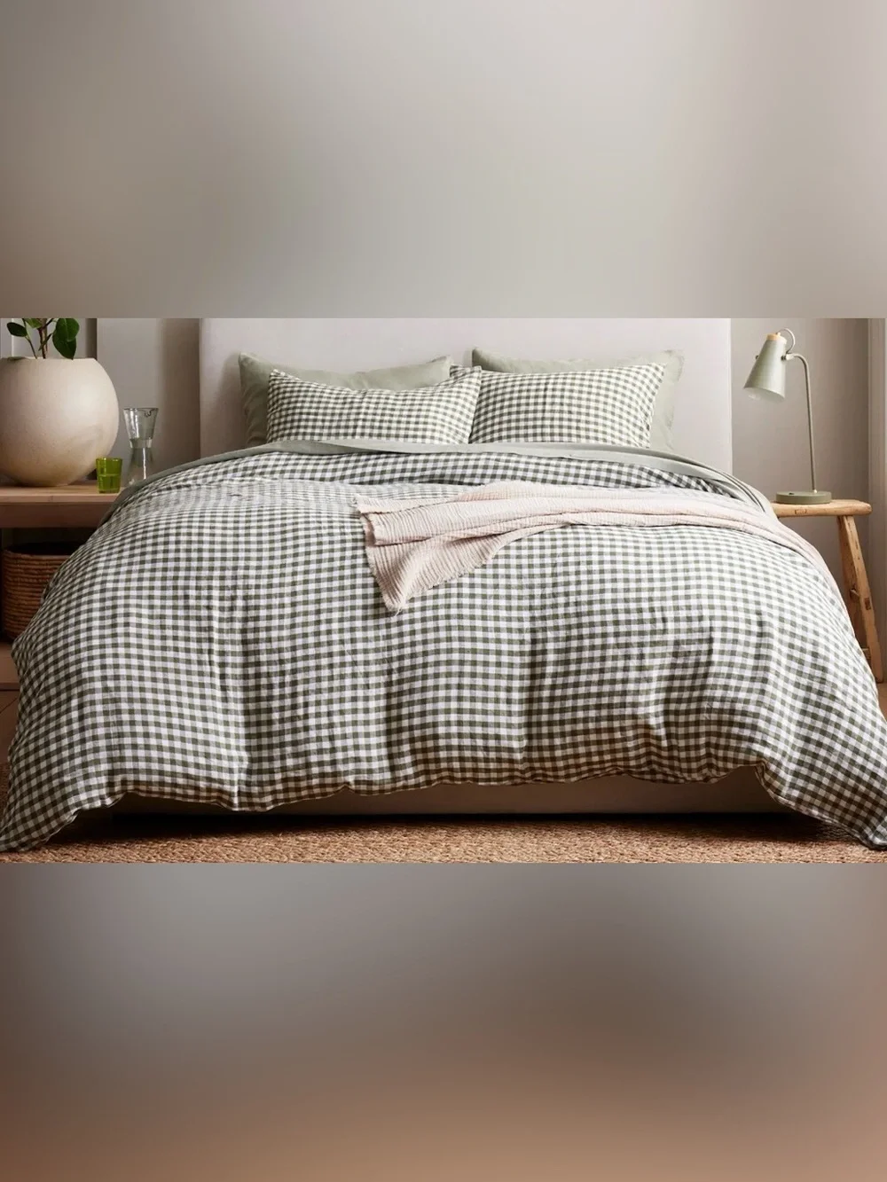 NWT Quince European Linen Gingham 3 Pc Duvet Cover Set, King/Cal (Olive)